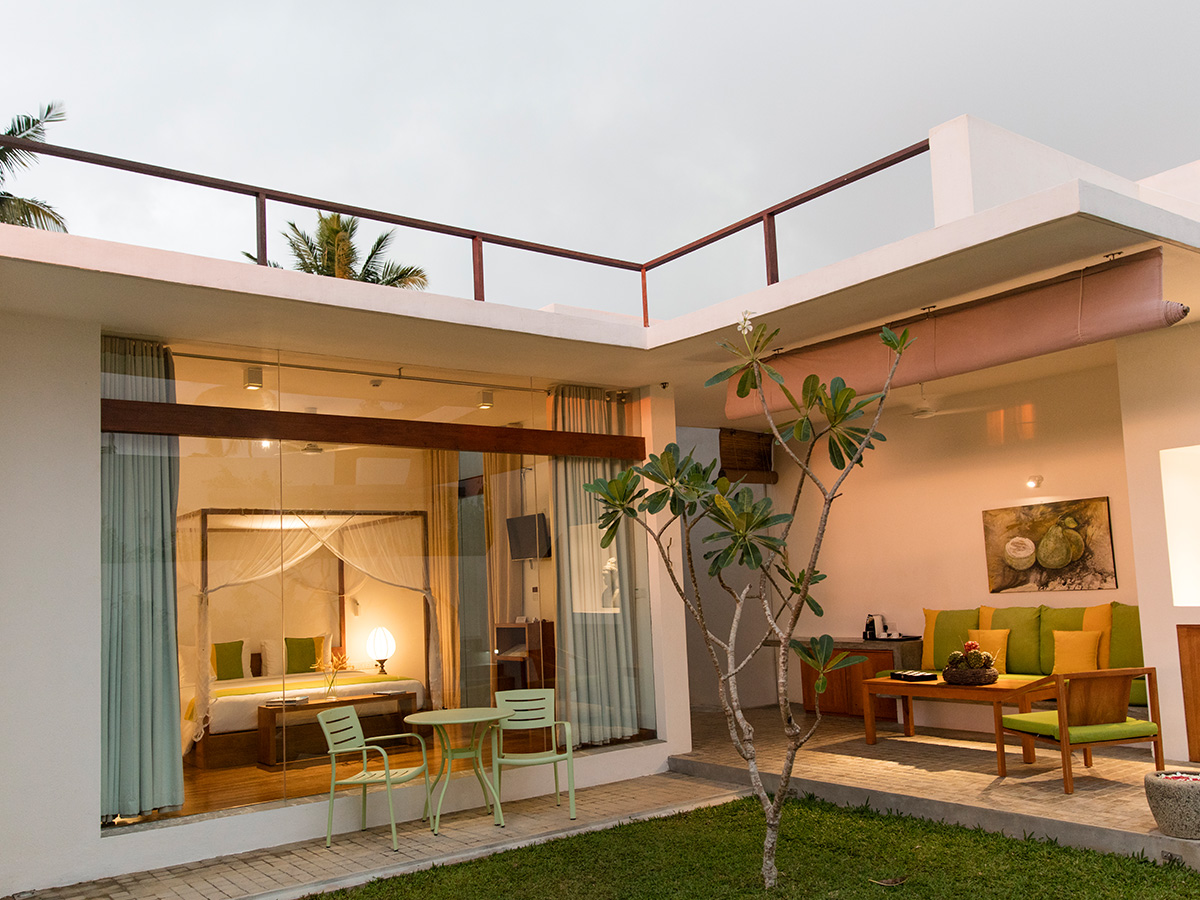 Araliya tree and green grass surrounding room