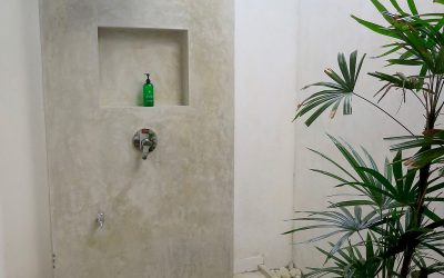 Cement wall open shower area
